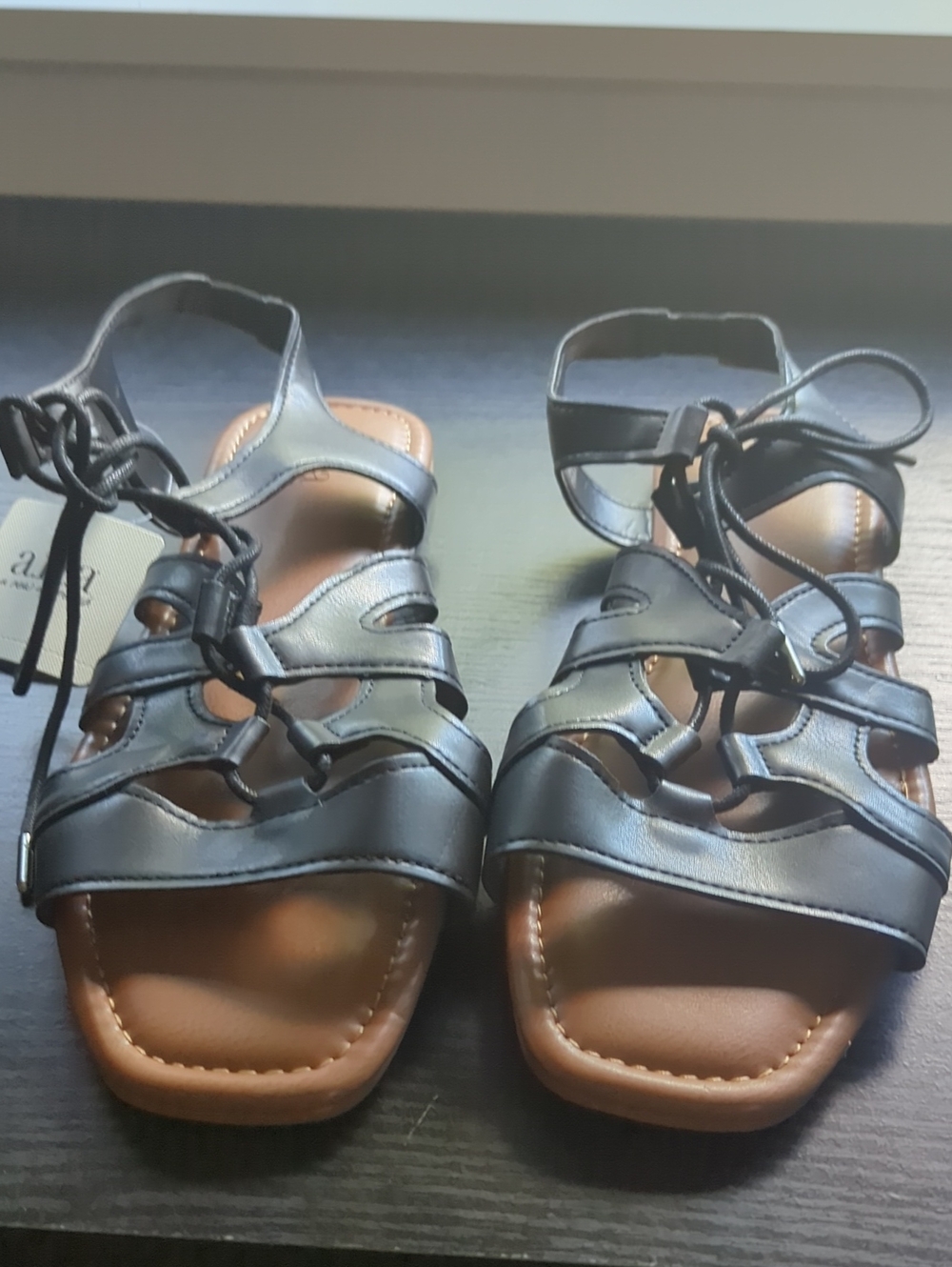 a.n.a Black Lace-Up Strappy Sandals with Tan Footbed